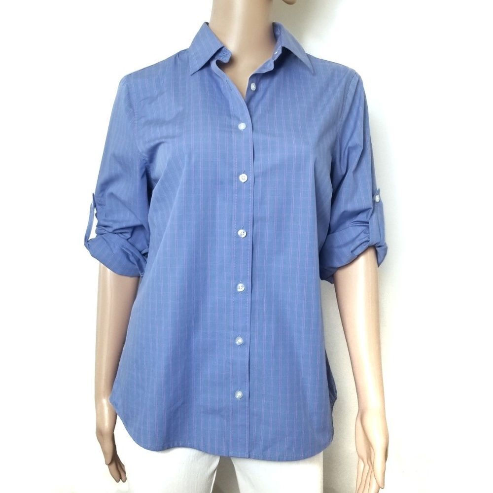 Lands' End | Blue Plaid Rolled Sleeve Button Down